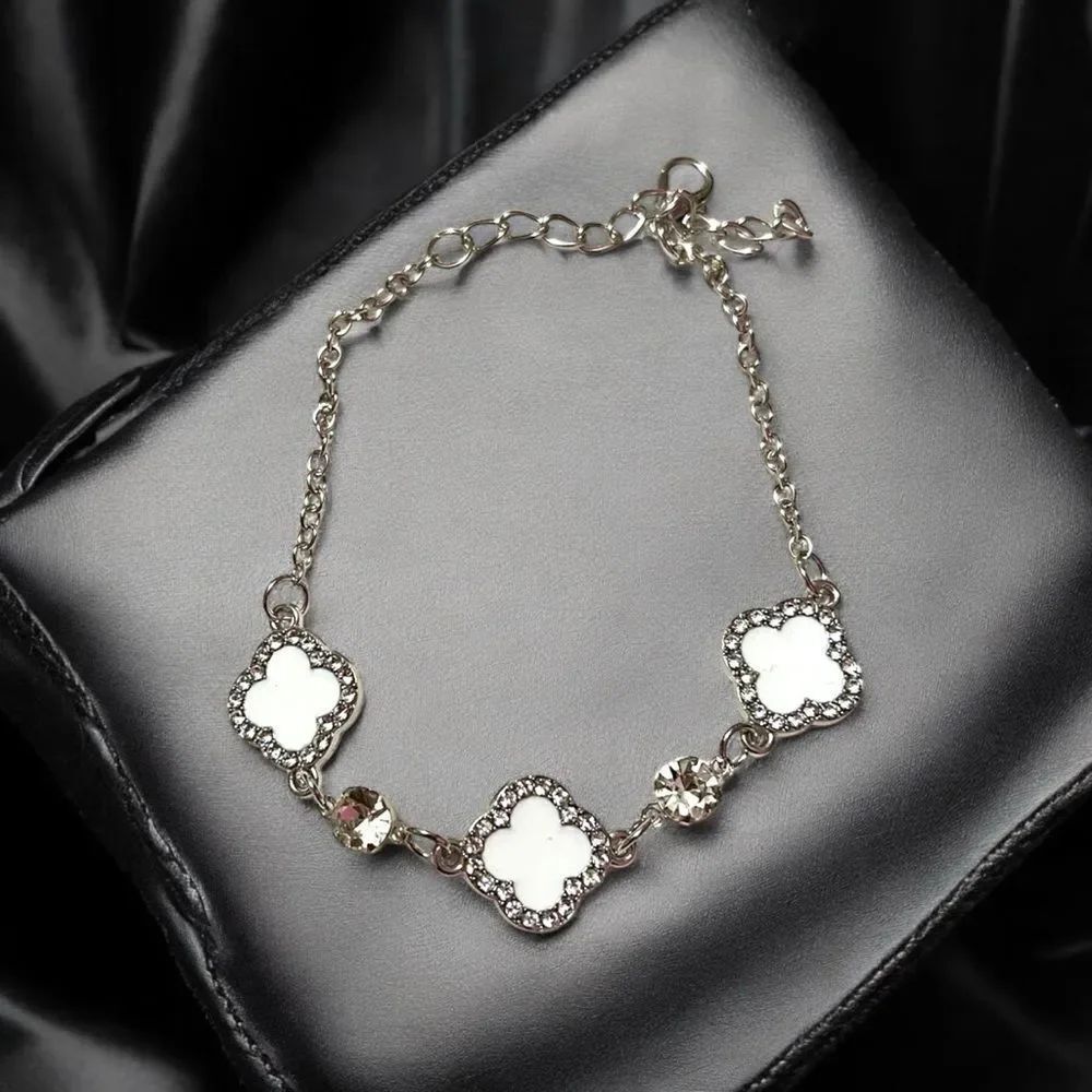 Elegant White Clover Rhinestone Silver Tone Bracelet